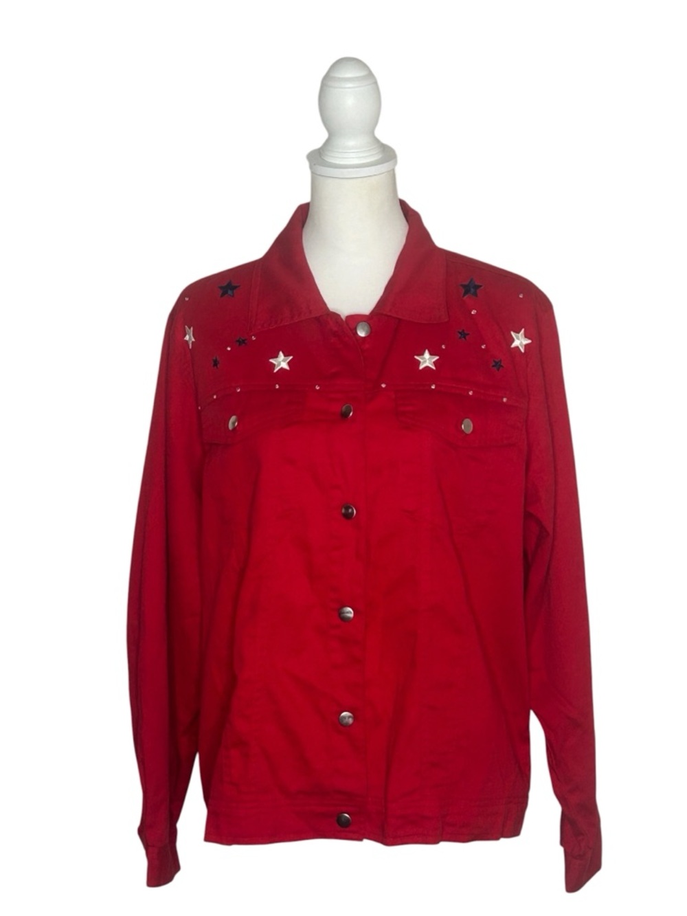 KL Collection EUC Vintage Cotton Red Star-Accent Denim Jacket Sz L Patriotic BBQ